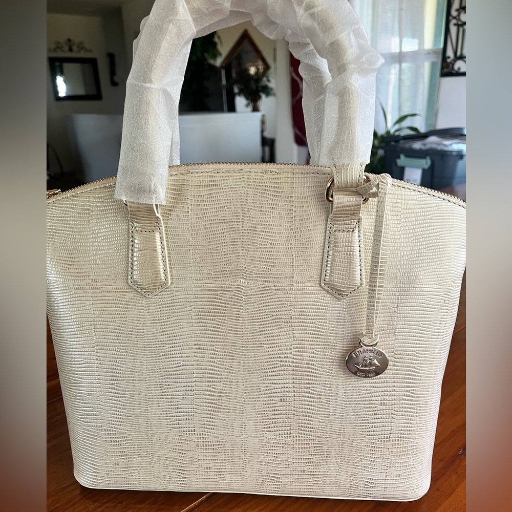 NWT Brahmin LIGHT GOLD ALLOVER LIZARD Medium Duxbury Satchel